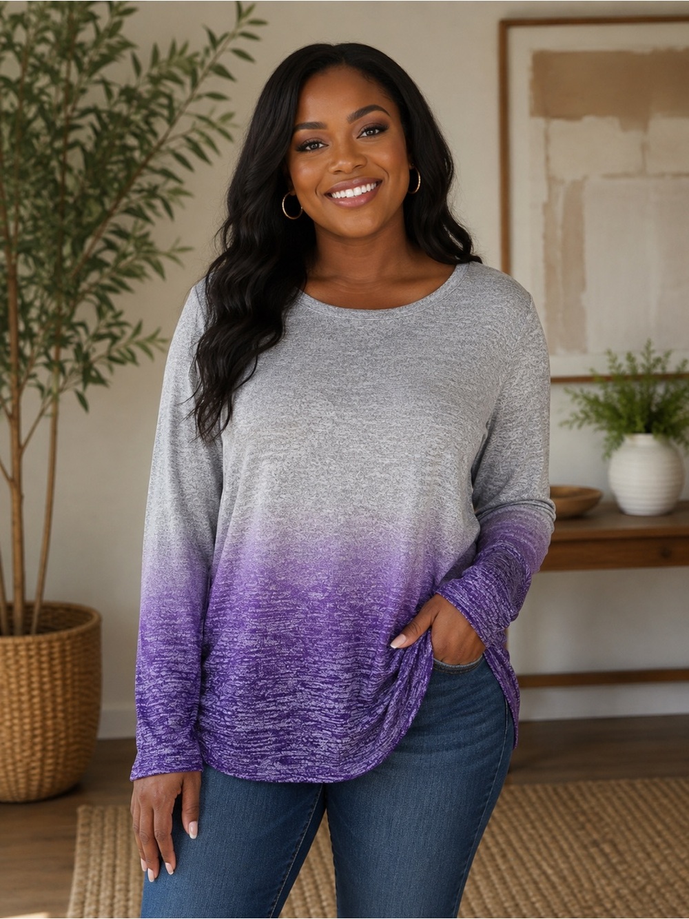 Christopher & Banks Gray / Purple Ombre Long Sleeve Top